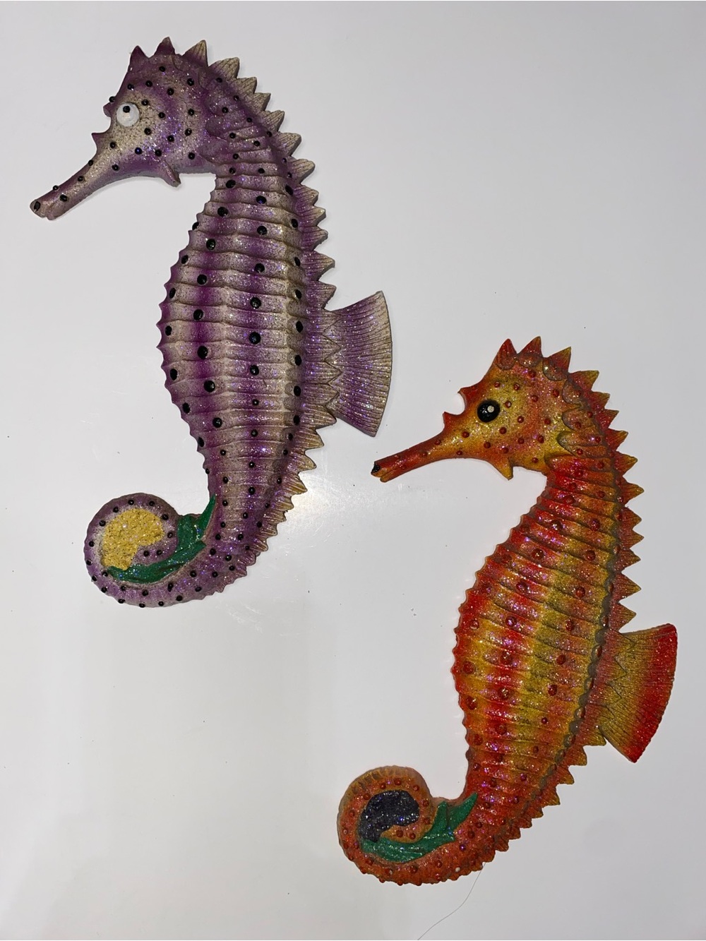 Set of 2 Vintage Seahorse Wall Decor - Purple and Orange, Nautical Decor; Ocean